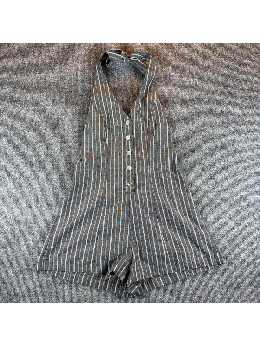 Love Tree Gray Striped Button Front Halter Top Romper S - Casual, summer, spring